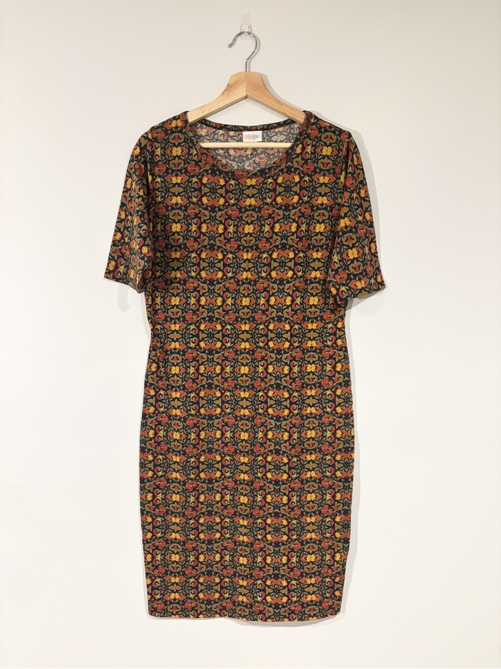 LuLaRoe Midi Shift Dress in Black, Mustard and Rust Floral Tile Print